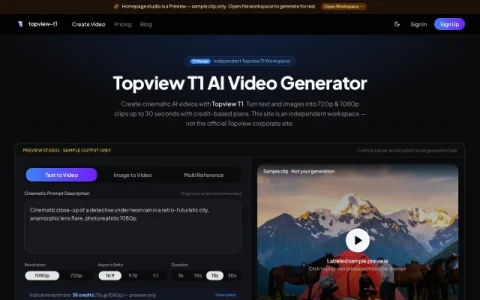 Topview T1 AI Video Generator page preview